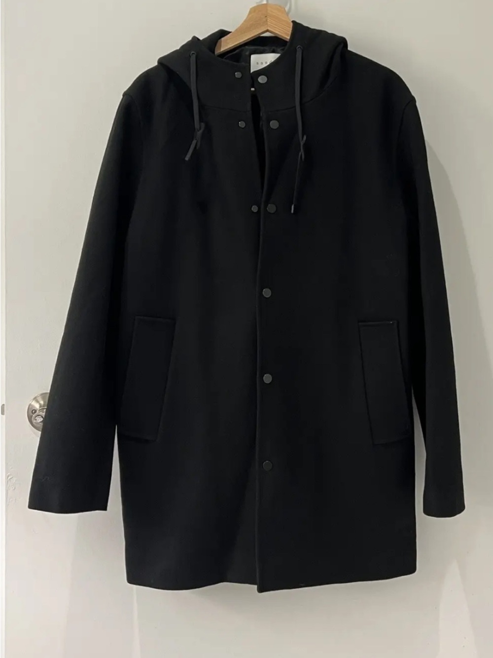 Sandro Black Hooded Snap-Front Coat